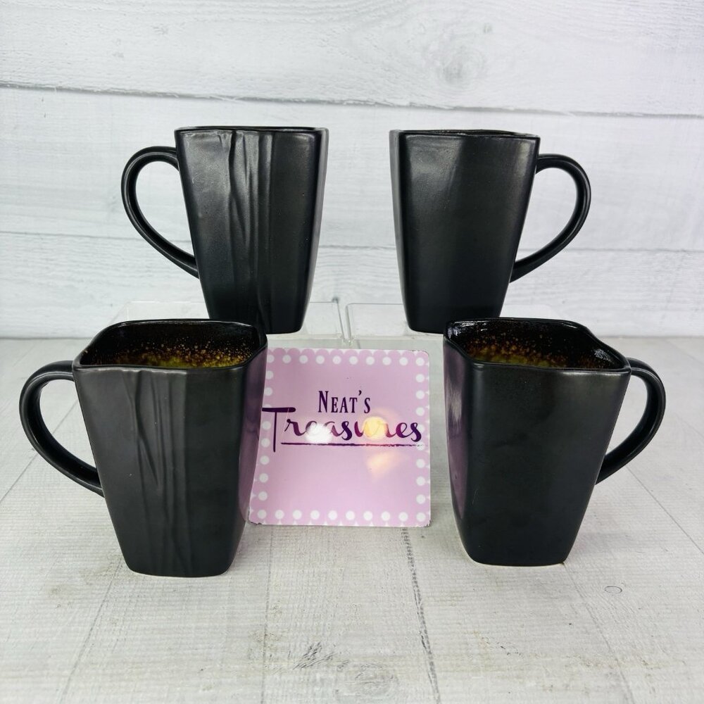 Baum GALAXY JADE Green Inside Lines Brown Sponge Rim Square 14oz Cups Mugs Set 4